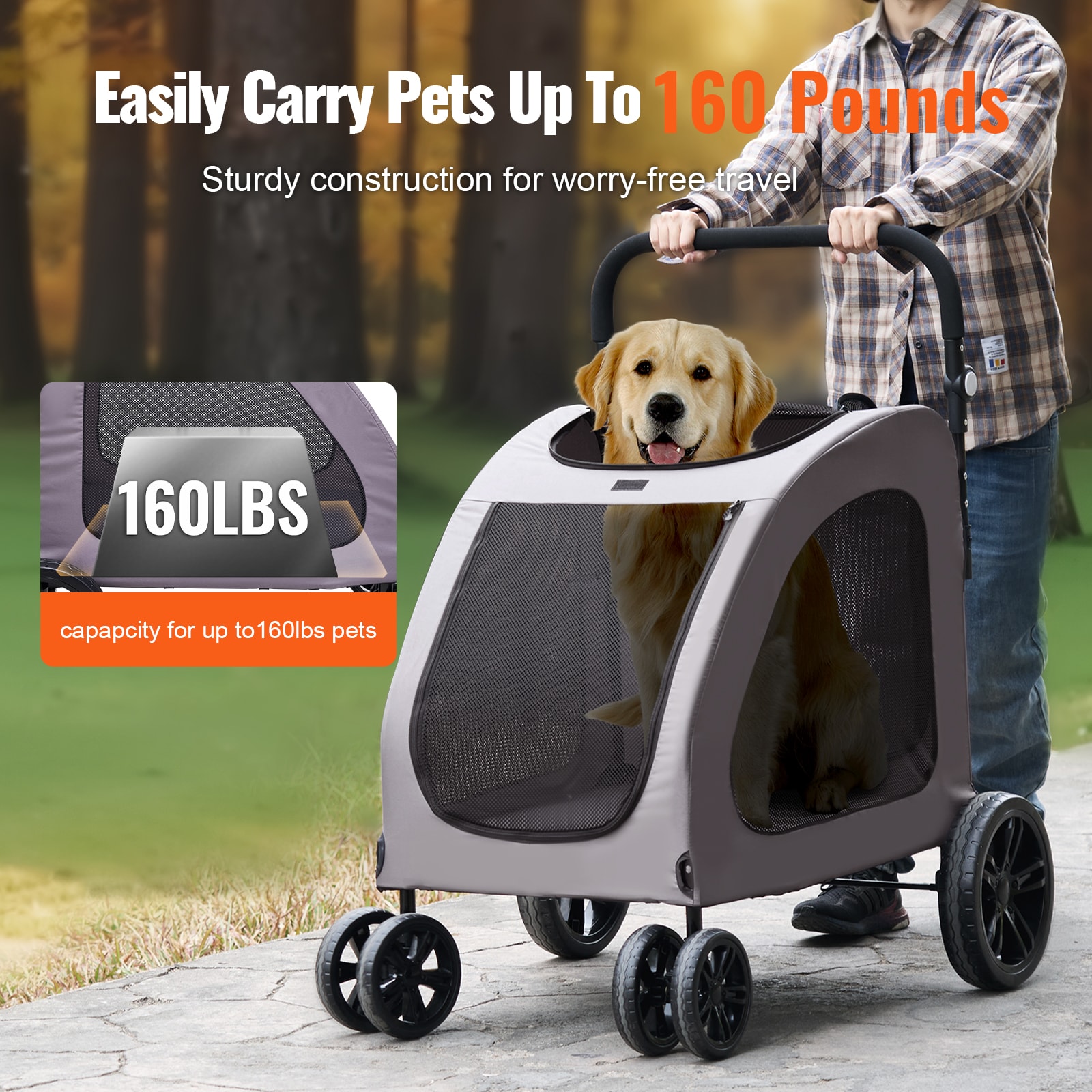 Pet Stroller 4-Wheels Dog Stroller Carrier 160lbs Weight Capacity Portable_voghion.com